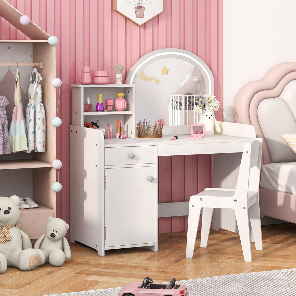 Kids vanity table and chair set in white with shelves, drawer, and secure acrylic mirror for stylish playroom.