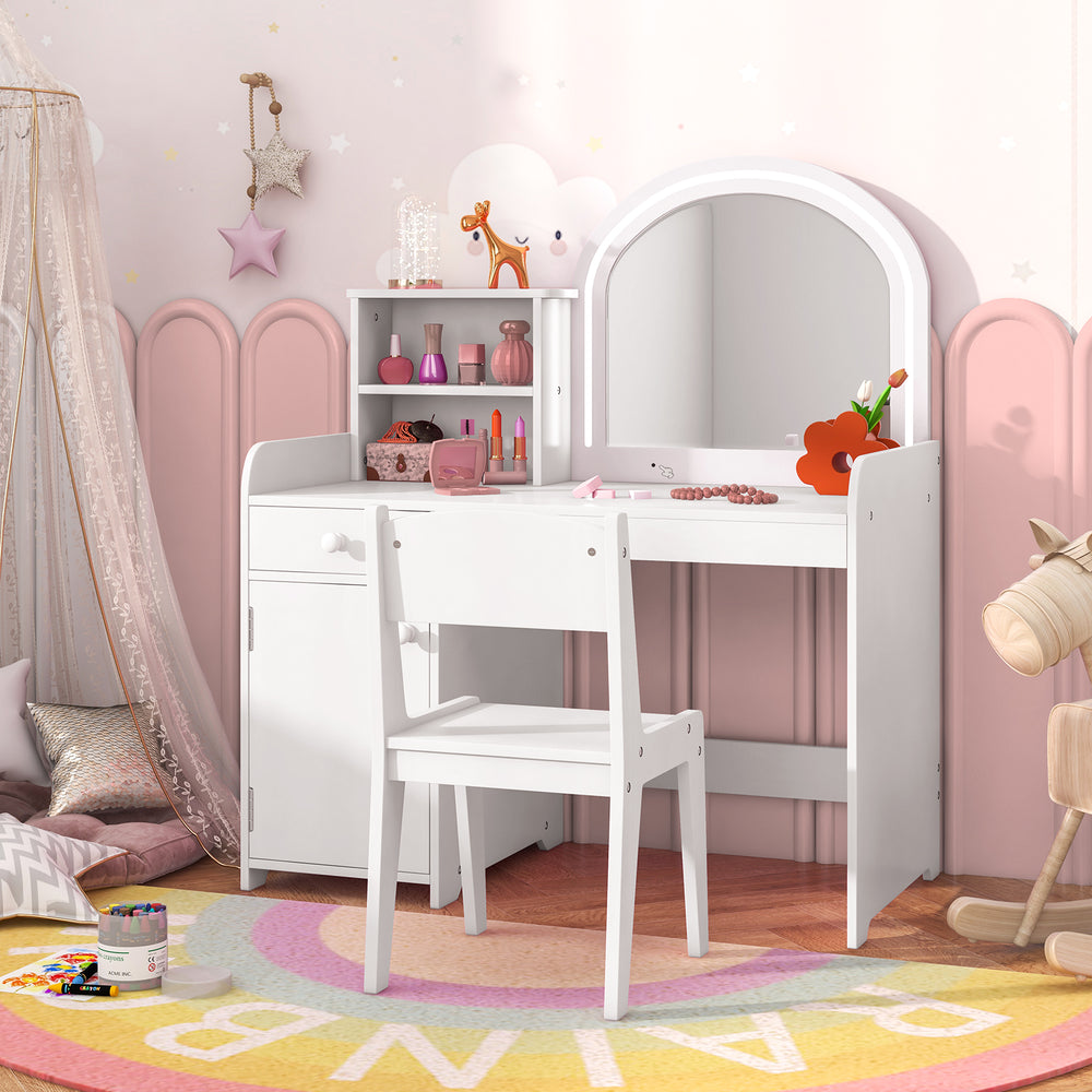 Kids vanity table and chair set in white with shelves, drawer, and acrylic mirror, perfect for children's rooms.