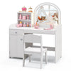 Kids vanity table set in white with shelves, drawer, and chair, featuring a secure mirror and adjustable LED lights.