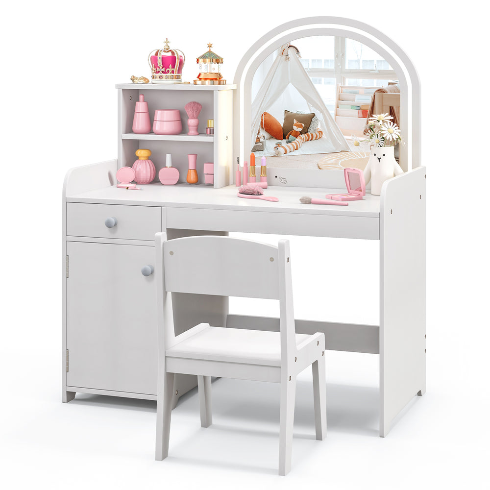 Kids vanity table set in white with shelves, drawer, and chair, featuring a secure mirror and adjustable LED lights.