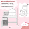 Kids vanity table and chair set in white with shelves, drawer, and impact-resistant mirror for safe, stylish play.