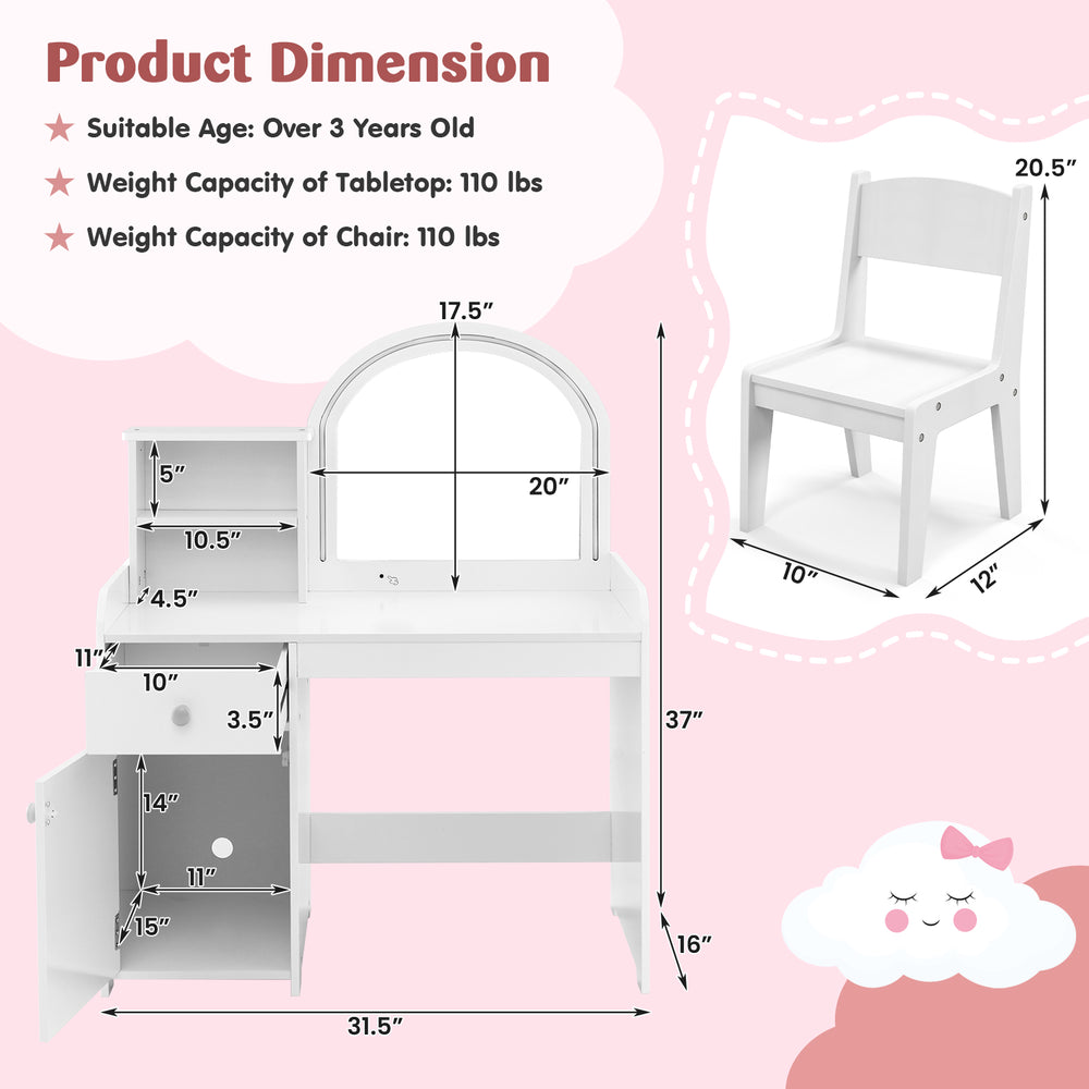 Kids vanity table and chair set in white with shelves, drawer, and impact-resistant mirror for safe, stylish play.