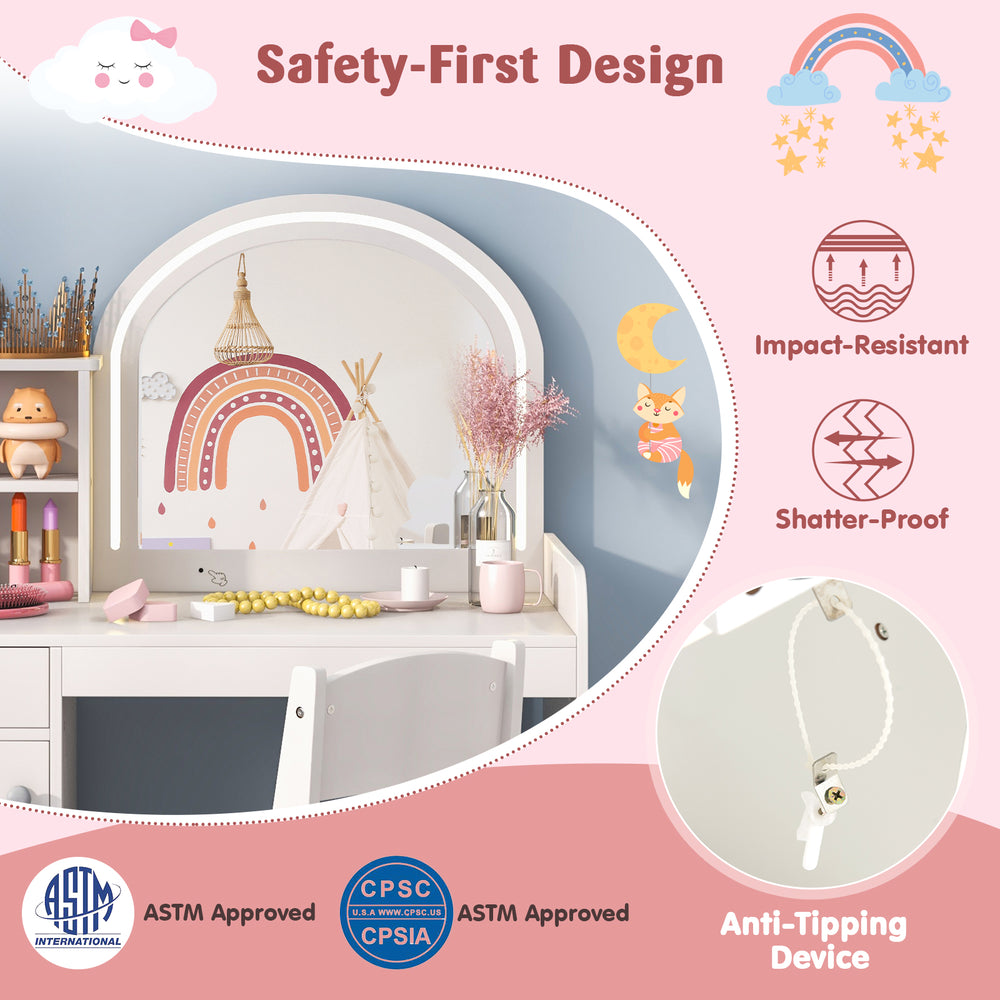 Kids vanity table and chair set in white with impact-resistant mirror, storage drawer, and anti-tipping design for.