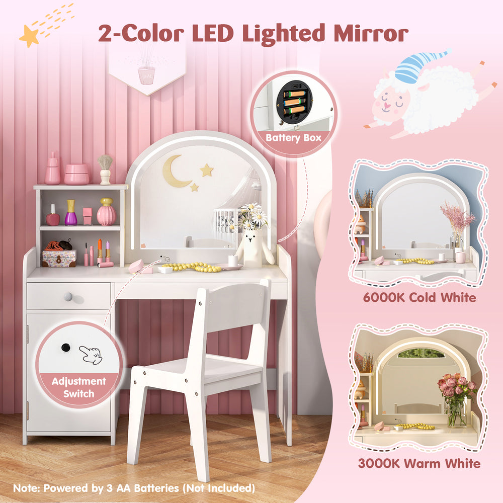 Kids vanity table and chair set in white with adjustable LED mirror, spacious storage, and safety features for comfort.