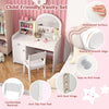 Kids vanity table and chair set in white with shelves, drawer, and waterproof surface for safe, comfortable use.