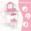 Princess pretend play makeup dressing table in pink with polka dots, tri-fold mirror, and ample storage for kids' items.