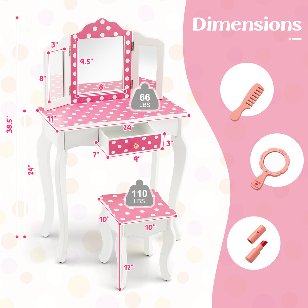 Princess pretend play makeup dressing table in pink with polka dots, tri-fold mirror, and ample storage for kids' items.