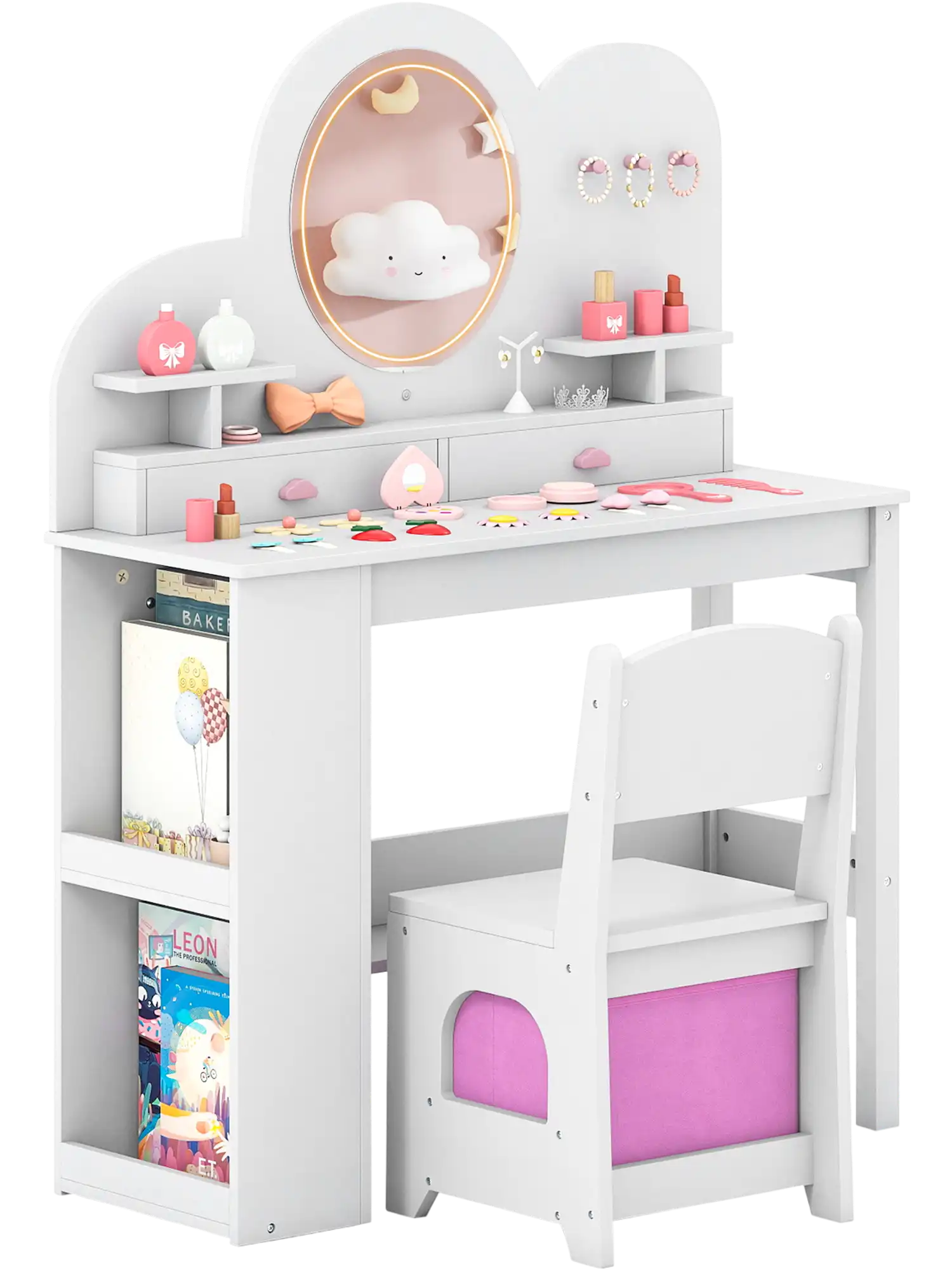 Costway Kids Princess Vanity Table & Chair Set w/ Lights 2 Drawers Bookshelf 31108537 New