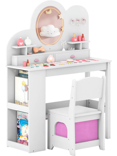 Costway Kids Princess Vanity Table & Chair Set w/ Lights 2 Drawers Bookshelf 31108537 New