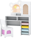 Kids vanity with lights and 5 drawers in white, featuring an adorable bear shape and a shatter-proof mirror for safe.