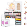 Kids vanity with bear-shaped mirror, lights, and 5 drawers, designed for ages 3+, perfect for play and creativity.