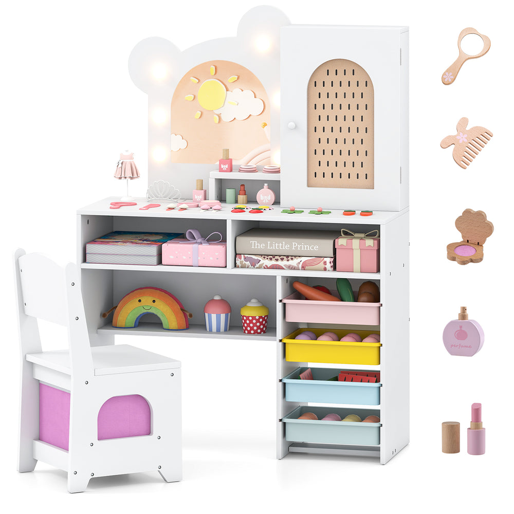 Kids vanity with bear-shaped mirror, lights, and 5 drawers, designed for ages 3+, perfect for play and creativity.