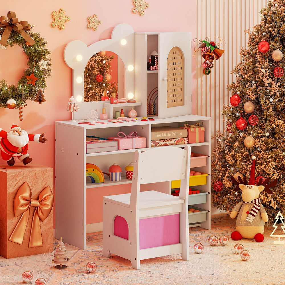 Kids vanity with lights and 5 drawers in white, featuring a bear-shaped mirror and ergonomic chair for ages 3+.