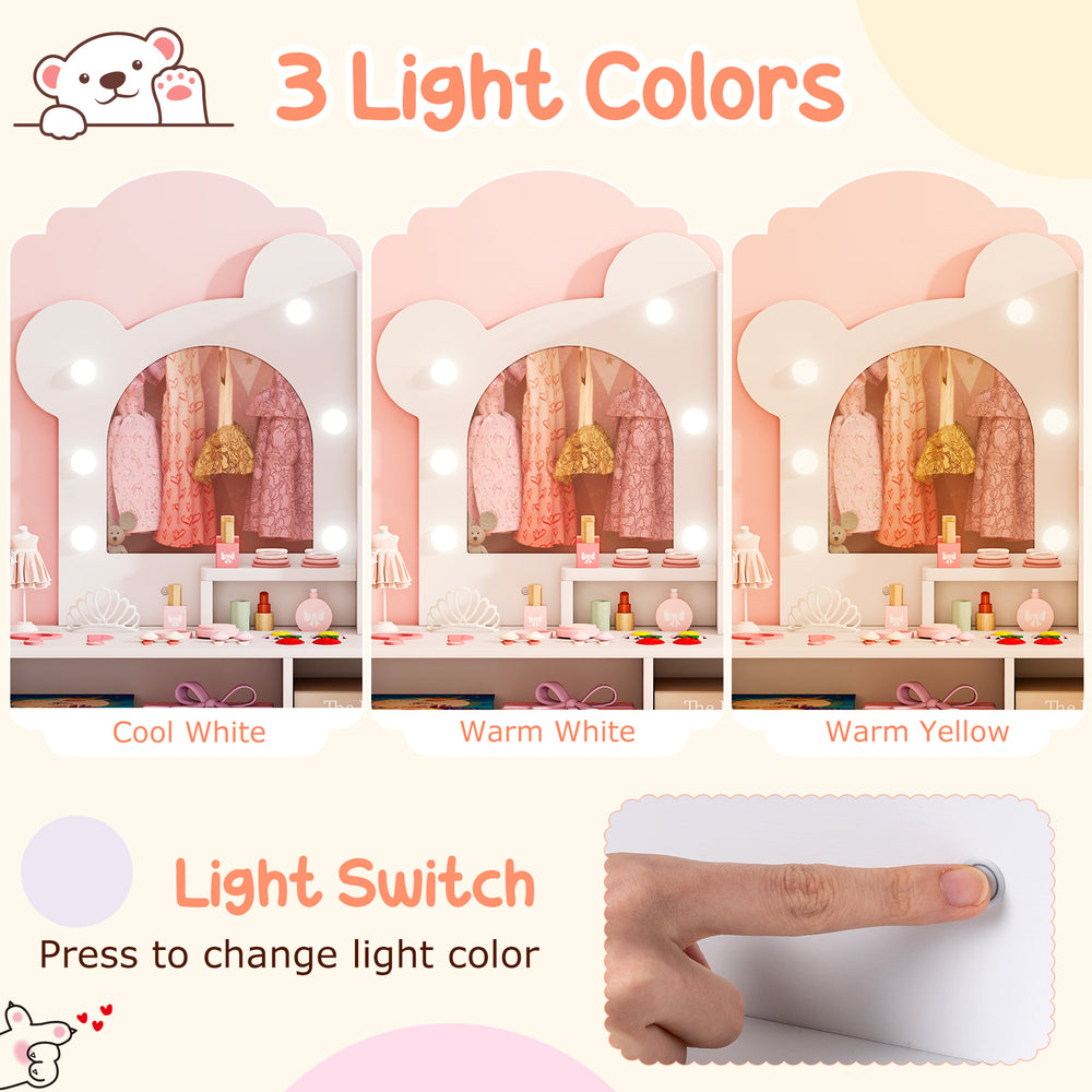 Kids vanity with lights showing three light modes and a bear-shaped mirror, perfect for safe and fun playtime.
