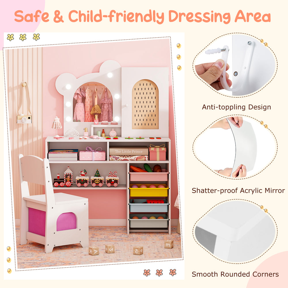 Kids vanity with lights, 5 drawers, and shatter-proof mirror in white, designed for safe and fun dressing for ages 3+.