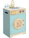 Kids washer playset toy washing machine in blue featuring a top view with a sink, rotary knobs, and a fun laundry.