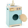 Kids washer playset toy in blue with a rotating wheel, detergent drawer, and realistic knobs for imaginative play.