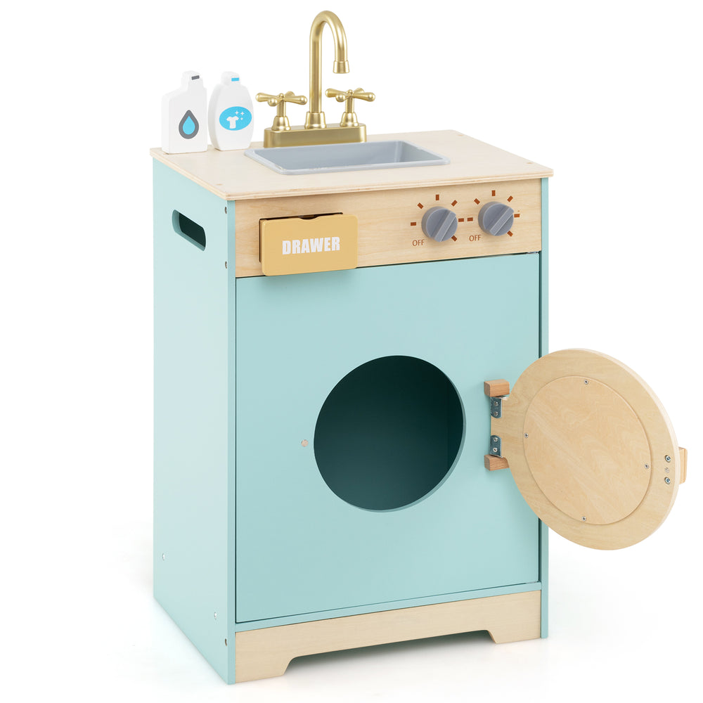 Kids washer playset toy in blue with a rotating wheel, detergent drawer, and realistic knobs for imaginative play.