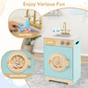 Kids washer playset toy in blue with rotating wheel, detergent drawer, and knobs for imaginative laundry play.
