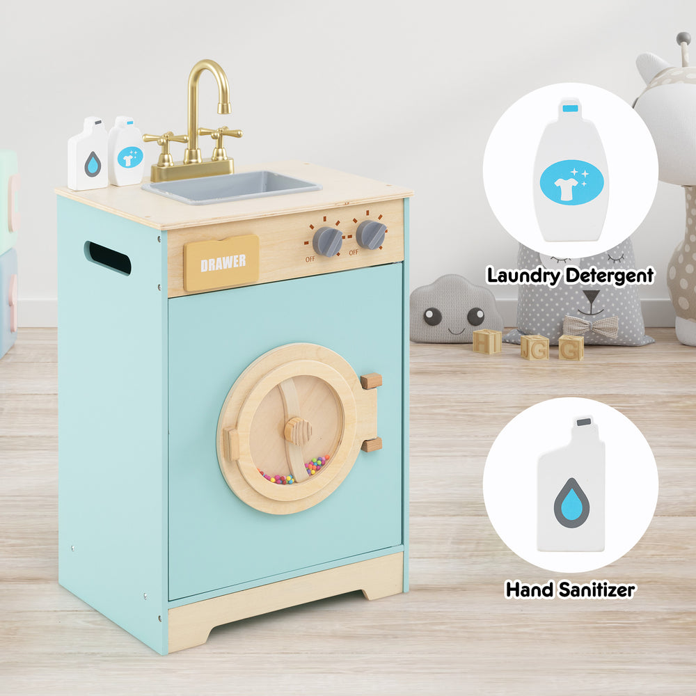 Kids washer playset toy washing machine in blue with rotating wheel, detergent drawer, and rotary knobs for imaginative.