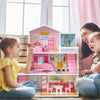 Kids wooden dollhouse playset in pink with 5 rooms and movable furniture, perfect for imaginative play and coordination.