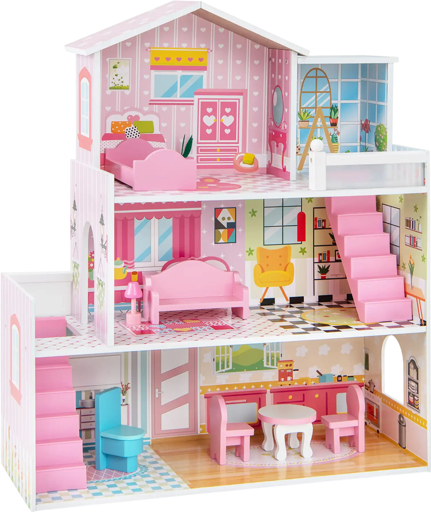 Costway Kids Wooden Dollhouse Playset 5 Rooms 10pc Furniture 24753961 New