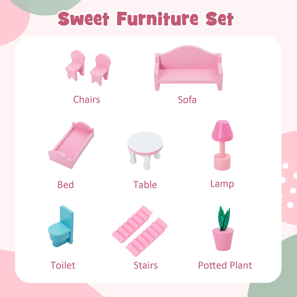 Kids wooden dollhouse playset featuring pink sofa, chairs, bed, table, lamp, and more for imaginative play.