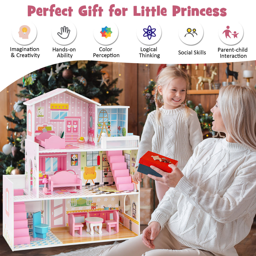 Kids wooden dollhouse playset in pink with 5 rooms and furniture, perfect for imaginative play and skill development.