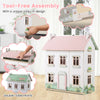 Kids wooden dollhouse with double-sided roofs, featuring tool-free assembly and realistic room designs for imaginative.