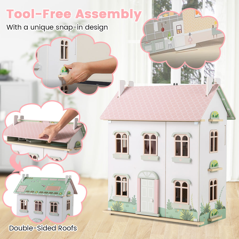 Kids wooden dollhouse with double-sided roofs, featuring tool-free assembly and realistic room designs for imaginative.