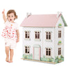 Kids wooden dollhouse in pink with removable roofs, featuring multiple rooms and rich furniture for imaginative play.
