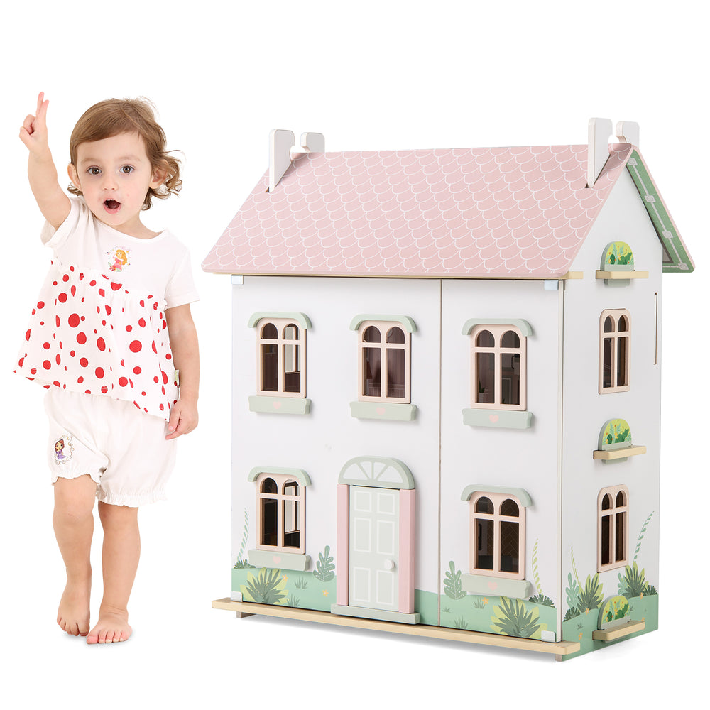 Kids wooden dollhouse in pink with removable roofs, featuring multiple rooms and rich furniture for imaginative play.