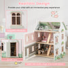 Three-level pink wooden dollhouse with removable roofs and doors, featuring realistic rooms and furniture for.