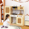 Kids wooden kitchen playset in yellow with realistic lights and sounds, featuring stoves, sink, and rattan-accented.