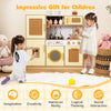 Kids wooden kitchen playset in yellow with realistic lights and sounds, designed for imaginative play and social.