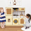 Kids wooden kitchen playset in yellow with realistic lights and sounds, featuring stoves, refrigerator, and washing.