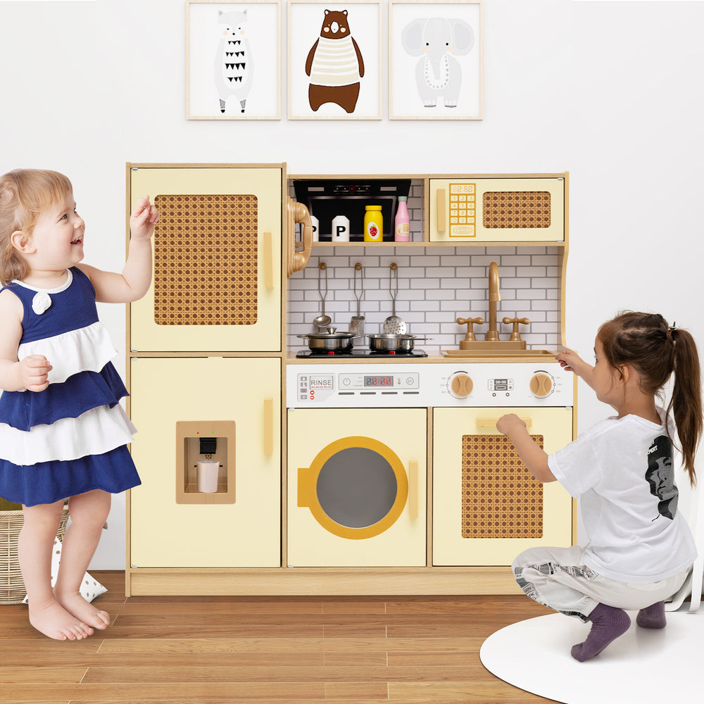 Kids wooden kitchen playset in yellow with realistic lights and sounds, featuring stoves, refrigerator, and washing.