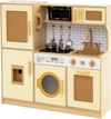 Kids wooden kitchen playset in yellow with realistic lights, sounds, and rattan-accented doors for imaginative play.