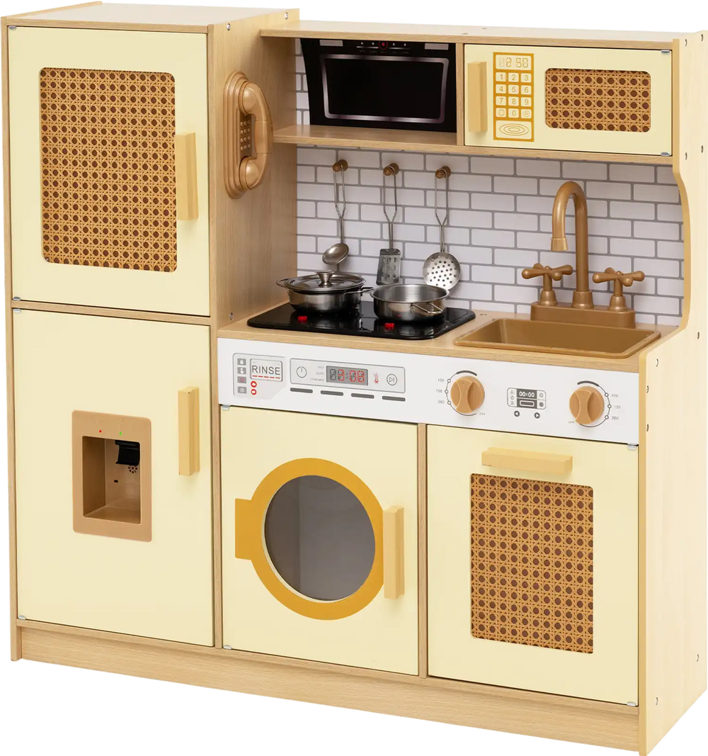 Kids wooden kitchen playset in yellow with realistic lights, sounds, and rattan-accented doors for imaginative play.
