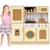 Kids wooden kitchen playset in yellow with realistic lights and sounds, featuring a stove, sink, and washing machine.