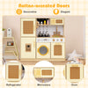 Kids wooden kitchen playset in yellow with rattan-accented doors, featuring realistic lights and sounds for imaginative.
