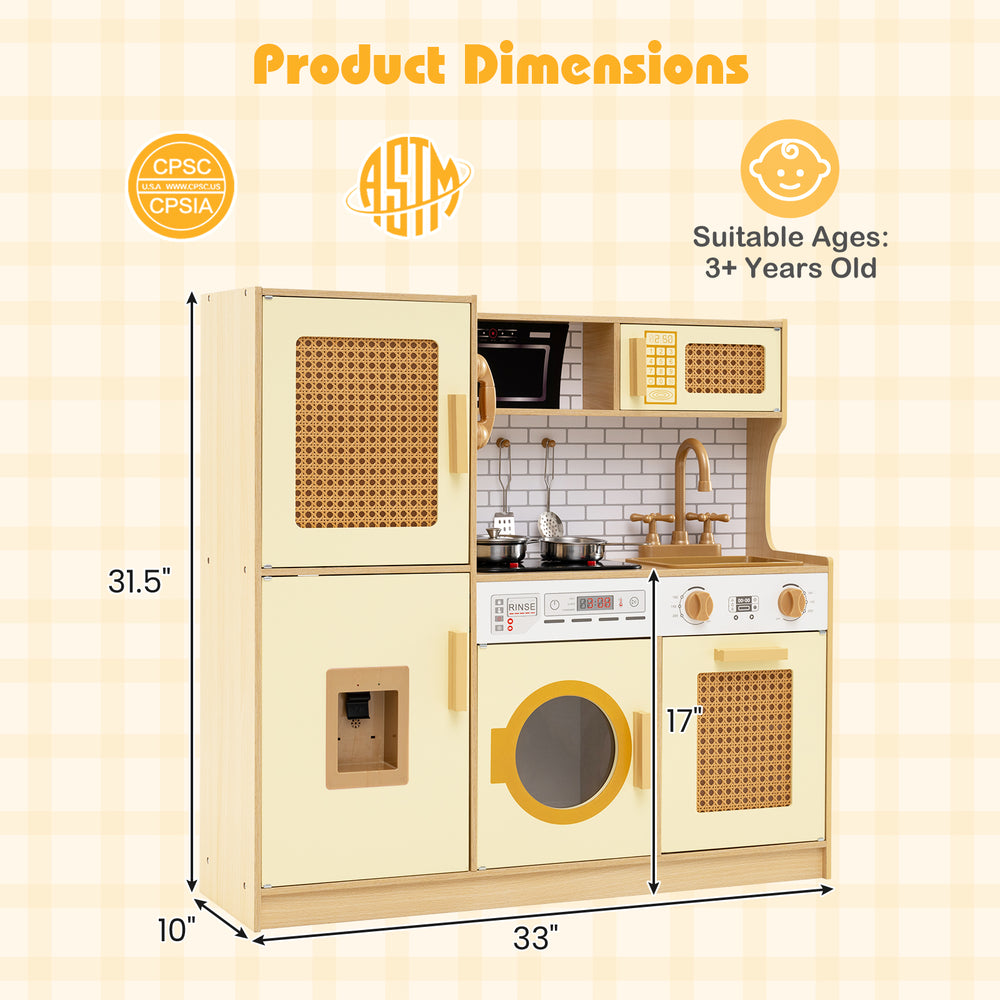 Kids wooden kitchen playset in yellow with realistic lights and sounds, featuring a stove, oven, and washing machine.