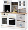 Kids wooden kitchen playset in white with stoves, microwave, and foldable drawers for imaginative cooking fun.