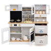 Kids wooden kitchen playset with stoves, microwave, and storage drawers, designed for imaginative cooking adventures.
