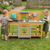Kids wooden mud kitchen featuring 2 sinks, 4 stoves, and 14 accessories for imaginative outdoor play and gardening fun.