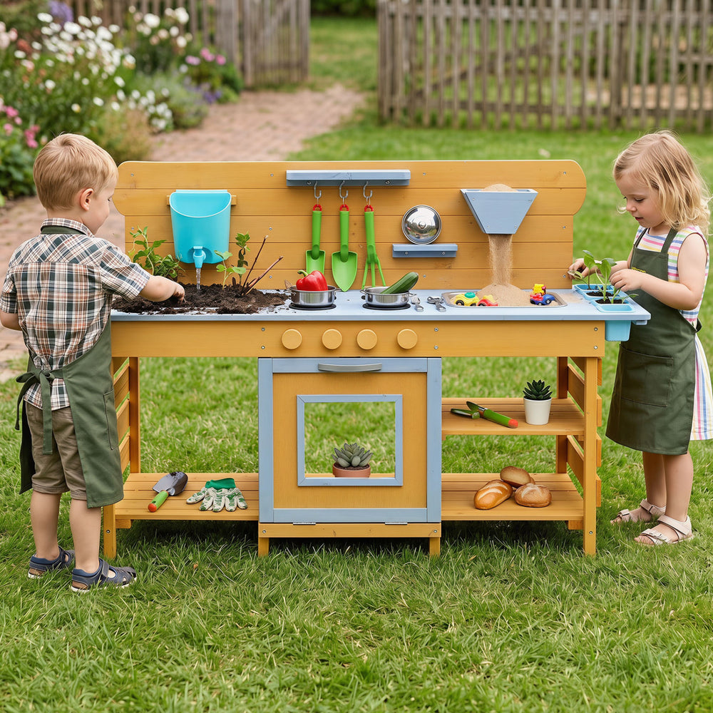 Kids wooden mud kitchen featuring 2 sinks, 4 stoves, and 14 accessories for imaginative outdoor play and gardening fun.