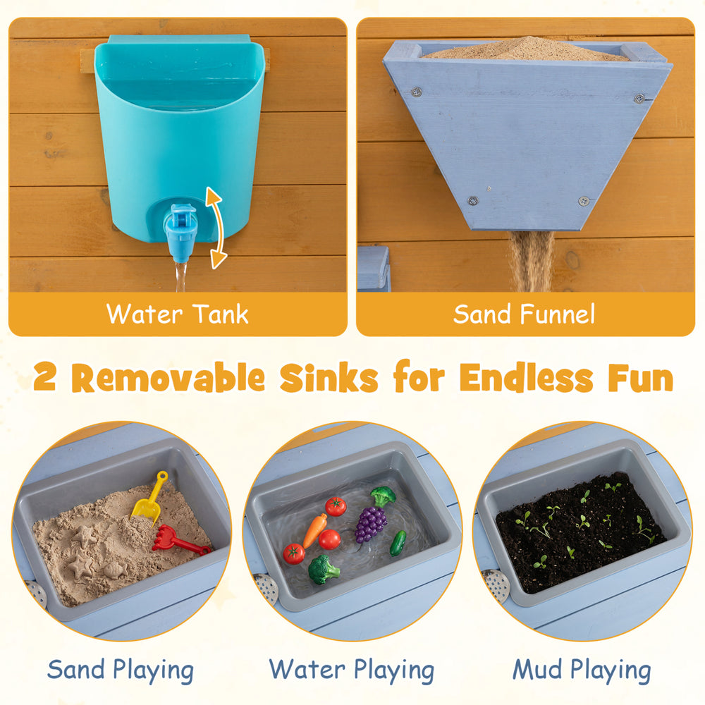Kids wooden mud kitchen featuring 2 removable sinks, a water tank, and a sand funnel for endless outdoor play.
