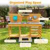 Kids wooden mud kitchen featuring two sinks, four stoves, and multiple storage options for imaginative outdoor play.