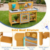Kids wooden mud kitchen featuring a solid wood structure, two sinks, four stoves, and 14 accessories for imaginative play.