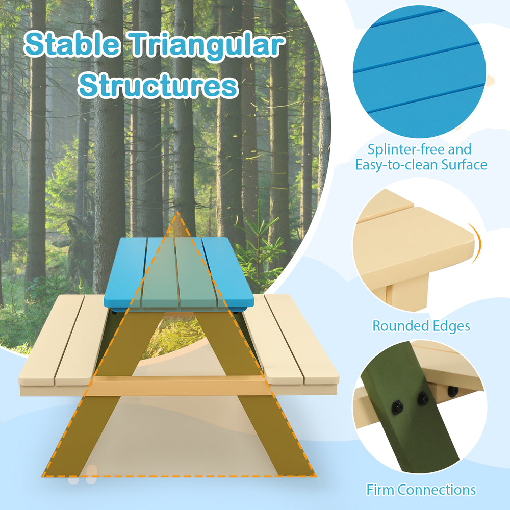 Kids wooden picnic table set with built-in benches, made of acacia wood, featuring a splinter-free surface for safe use.